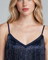 V-neckline sequin fringe detail