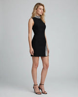 Keira black crystal-collar bandage mini dress — studio side view