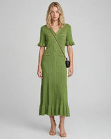 Lana green ruffle-cuff button knit maxi dress — studio front