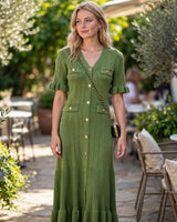 Lana green ruffle-cuff button knit maxi dress — garden café