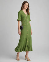 Lana green ruffle-cuff button knit maxi dress — studio side view
