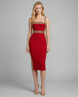 Livia red gold woven trim bandage midi dress — studio front