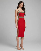 Livia red gold woven trim bandage midi dress — studio side view