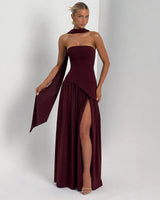 Maliyah cherry strapless corset maxi dress, front studio view