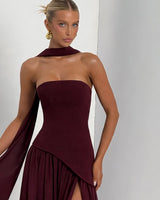 Neck scarf and strapless neckline detail