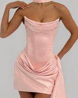 Close-up of the draped cowl bust on the Mona blush satin dress