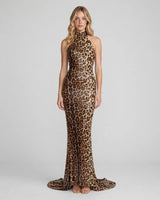 Mika leopard sequin halter maxi dress — studio front