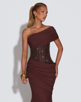 Noor chocolate brown off-shoulder sequin maxi dress — worn front view
