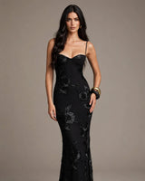 Nefertiti black floral embroidered corset maxi dress – studio front