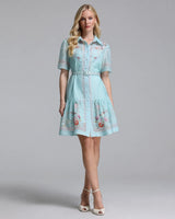 Nina aqua floral shirt mini dress — studio front