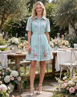 Nina aqua floral shirt mini dress — garden party