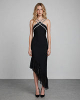 Nyla black crystal cross-strap bandage maxi dress front view studio