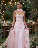 Patricia blush chiffon maxi dress – garden wedding reception at dusk