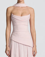 Pleated cowl neckline detail in blush chiffon