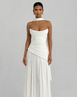 Patricia ivory chiffon maxi dress with pleated cowl neckline – studio front