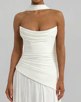 Pleated cowl neckline detail in ivory chiffon