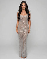 Petra silver crystal mesh maxi dress – studio front