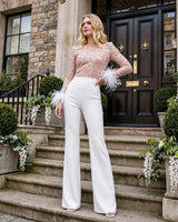 Renata Feather-Cuff Sequin Jumpsuit