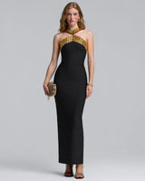Riva black halter gold-stone bandage maxi dress — studio front