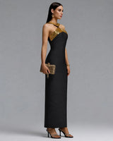 Riva black halter gold-stone bandage maxi dress — studio side view