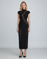 Romy black lace wave bandage maxi dress front view studio