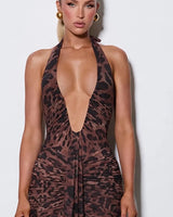 Deep plunge halter neckline detail