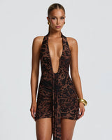 Rosetta Plunge Halter Drape Mini Dress in leopard print, front studio view