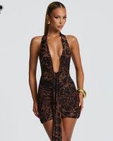 Rosetta leopard plunge mini dress, supplier front view