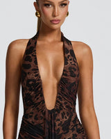 Deep plunge halter neckline detail