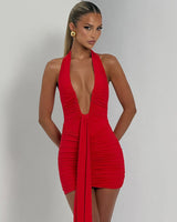 Rosetta red halter mini dress, supplier front view