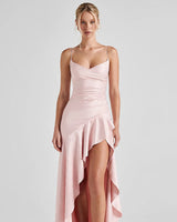 Samira blush satin ruffle maxi dress, front studio view