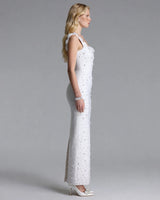 Selma white rosette pearl bandage maxi dress side view