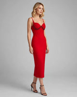 Sana red beaded bustier bandage maxi dress — studio side view