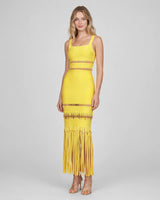 Shana yellow beaded fringe bandage maxi dress — studio front