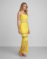 Shana yellow beaded fringe bandage maxi dress — studio side view