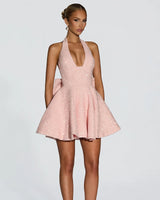 Talara blush sequin halter bow mini dress – studio front