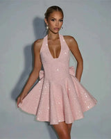 Talara blush sequin halter mini dress – front view