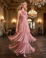 Talia dusty pink halter fringe bandage maxi dress — ballroom