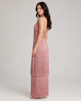 Talia dusty pink halter fringe bandage maxi dress — studio side view