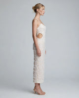 Thea ivory pearl scallop beaded midi dress — studio side view
