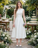 Vera ivory pearl-neckline A-line midi dress — garden wedding