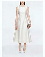 Vera ivory pearl-neckline A-line midi dress — product front