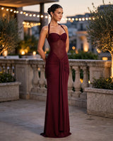 Vixen cherry red maxi dress – hotel terrace at dusk