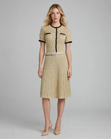 Wren apricot contrast-trim belted knit midi dress — studio front