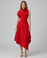 Odette red asymmetric high-neck brooch maxi dress — studio front