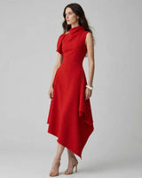 Odette red asymmetric high-neck brooch maxi dress — studio side view