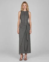Zaina grey wrap-sash jersey maxi dress front view studio