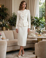 Zoe ivory tweed two-piece set worn at afternoon tea