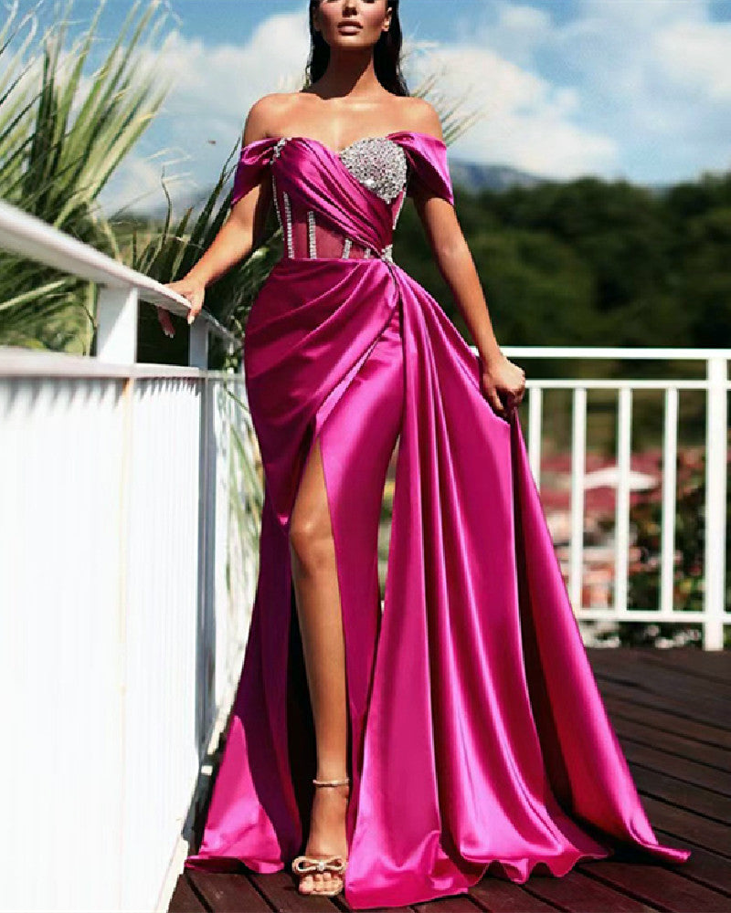 knee length dresses for ladies Helen ark Fuschia Off Shoulder Evening Maxi Dresses Prom Beads Wedding  Guest Gown Mother of The Bride Dresses – fashionmallonline.com