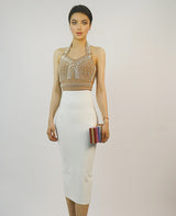 Cornelia Pearl Halter Bandage Dress - Beige